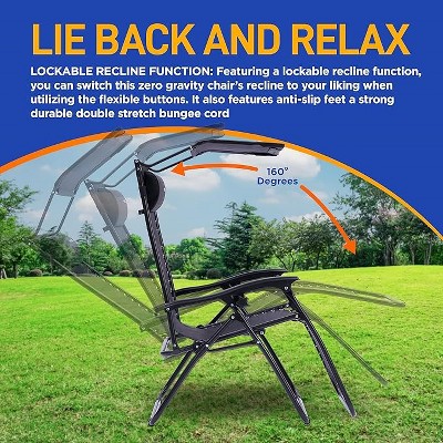 Black Adjustable Zero Gravity Outdoor Lounge Chair Set with Canopy