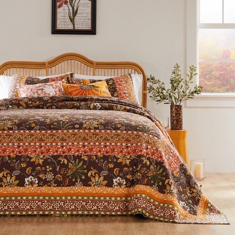 Greenland Home Fashions 3pc Queen Audrey Modern Floral Bedspread Bedding Set Brown