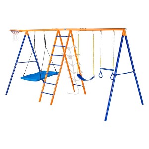 Whisen 6-in-1 Swing Set with Swings, Trapeze, Ladder, Climbing Net & Basketball Hoop, 440lbs Capacity, Gift for Kids - Blue - 1 of 4