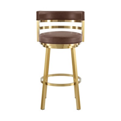 HomeRoots 30" Coffee and Gold Faux Leather and Stainless Steel Low Back Bar Height Swivel Bar Chair
