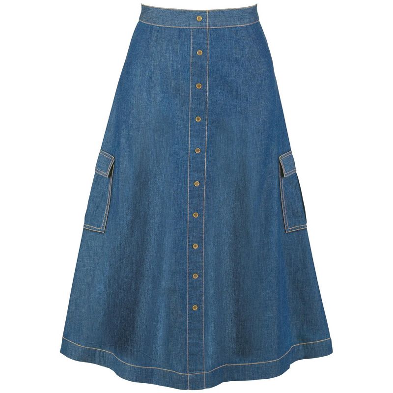 Collections Etc Cargo Pocket Faux Button Front Long Denim Skirt, 4 of 6