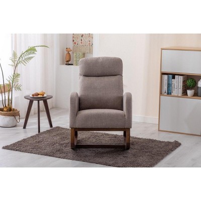 CAVINAS Linen Upholstered Accent Chair with Wood Legs,Modern Rocking Chairs with High Back and Side Pocket for Bedroom,Reading Room