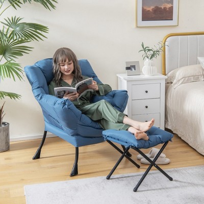 Navy Blue Polyester Accent Chair with Foldable Footrest