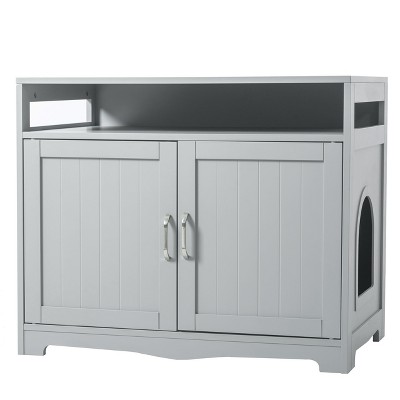 GustoWave Designer Cat Washroom, Storage Bench Cat Litter Box Enclosure Furniture Box House with Table, Spacious Storage