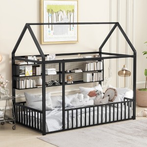 KIGFTSOD Metal Bed House Bed Frame with Fence and Shelves - 1 of 4