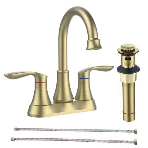 Bathroom Faucet Brushed Gold with Pop up Drain & Supply Hoses 2-Handle 360 Degree High Arc Swivel Spout Centerset 4 Inch Vanity Sink Faucet 4011B-NA - image 1 of 4