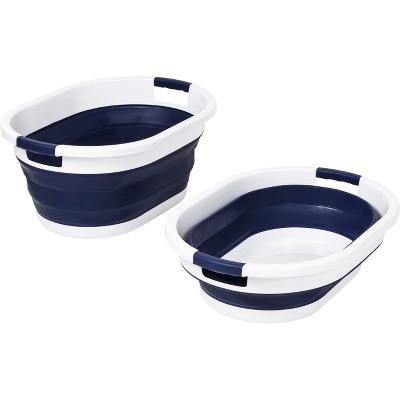 Navy Blue and White Collapsible Rubber Laundry Hampers, Set of 2