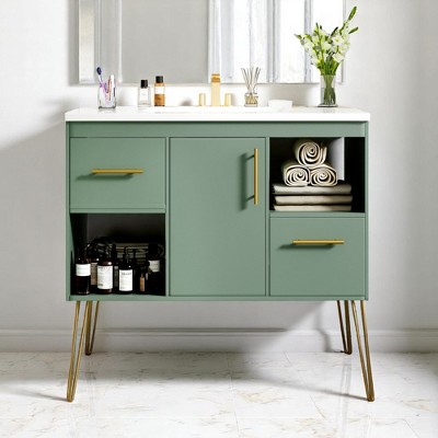 Mshliw 36'' Bathroom Vanity with Resin Sink Combo, Freestanding Modern Storage Cabinet with 2 Drawers and Open Shelves, Solid Wood Frame