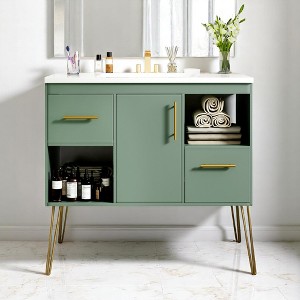Mshliw 36'' Bathroom Vanity with Resin Sink Combo, Freestanding Modern Storage Cabinet with 2 Drawers and Open Shelves, Solid Wood Frame - 1 of 4