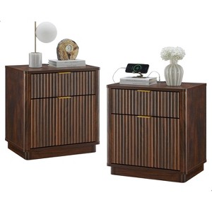 SinCiDo 23" Fluted Nightstand w/Charging Station, 2 Drawer Mid Century Modern End Table w/Storage for Bedroom & Living Room - 1 of 4
