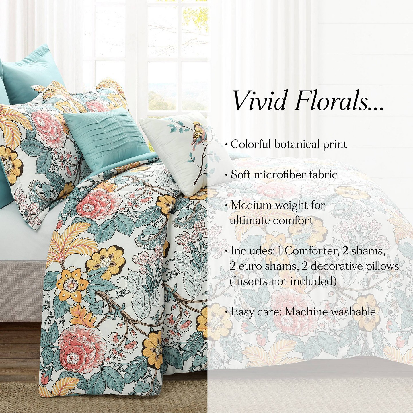 Комплект с одеялом Lush Decor Full/Queen 7pc Sydney Comforter Set Blue/Yellow - Lush Décor: Microfiber Bedding with Botanical Pattern & Pleated Design, цвет: Синий — фото 7