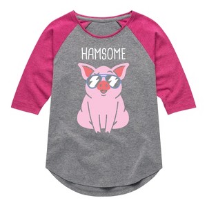 Girls' - Instant Message - Hamsome Pig Shirt Tail Raglan Graphic T-shirt - 1 of 4