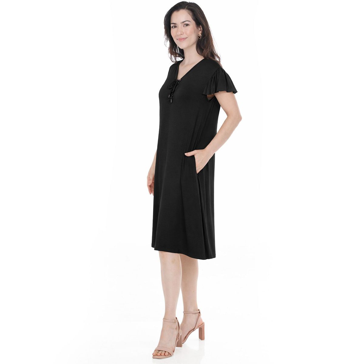Women’s V-Neck Tie Front Flutter Sleeve Shift Dress -White Mark - thumbnail 2