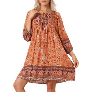 Allegra K Women's Boho Floral Print Summer Casual 3/4 Sleeve Loose Fit Beach Dress - 1 of 4