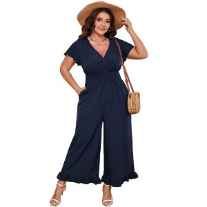Women's Plus Size Wide Leg Floral Jumpsuits Casual Summer Short Sleeve Fashion Outfit Criss Cross Neck Smocked Waist - 1 of 4