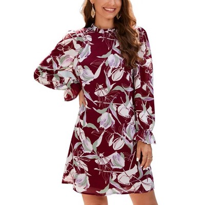 Women's Ruffle Mock Neck Long Sleeve Floral Print Mini Dress Casual Pleated Flowy Babydoll Short Dress