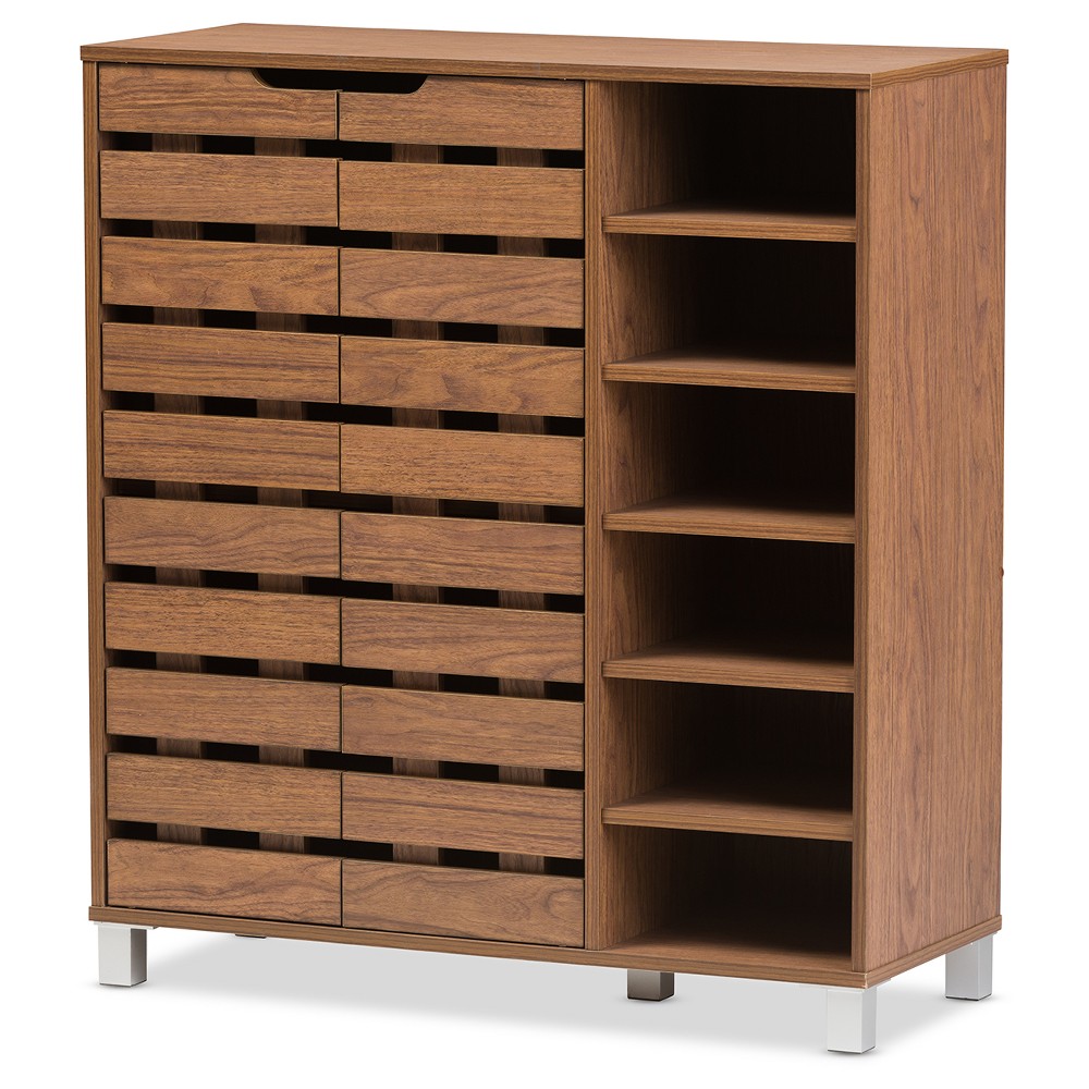 Baxton Studio Shirley Modern and Contemporary 2 Door Shoe Cabinet with Open Shelves Walnut Brown: Entryway Organizer, 24-Pair Storage