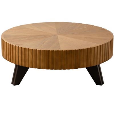 Vynxaria Retro Round Coffee Table, 35.4" Size, Natural Finish, Solid Wood Legs, High-Quality MDF Tabletop, Living Room Decor & Coffee Use