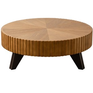 Vynxaria Retro Round Coffee Table, 35.4" Size, Natural Finish, Solid Wood Legs, High-Quality MDF Tabletop, Living Room Decor & Coffee Use - 1 of 4
