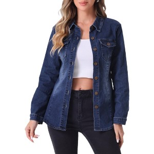 Allegra K Women's Trendy Long Sleeve Button Down Denim Shirt with Pocket - 1 of 4