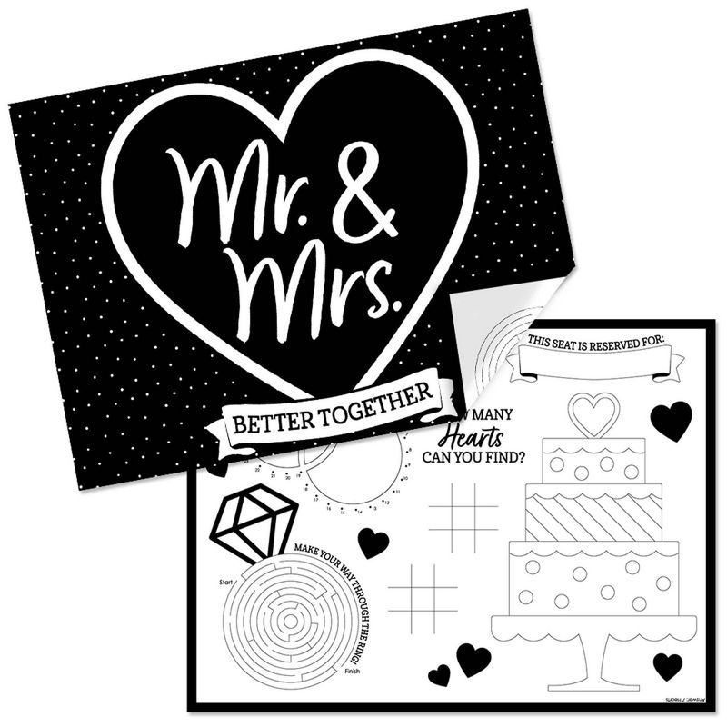 Big Dot of Happiness Mr. and Mrs. - Paper Black and White Wedding or Bridal Shower Coloring Sheets - Activity Placemats - Set of 16, 1 of 8