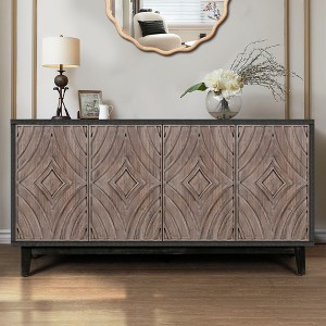 Mid Century 60" Buffet Cabinet with Solid Wood Legs & Convex Pattern Diamond Doors, Storage Console for Living Room, Kitchen, Hallway - 1 of 4