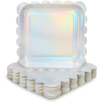 Sparkle and Bash 48 Pack Holographic Silver Foil Square Disposable Paper Plates, Scalloped Edge 9 In