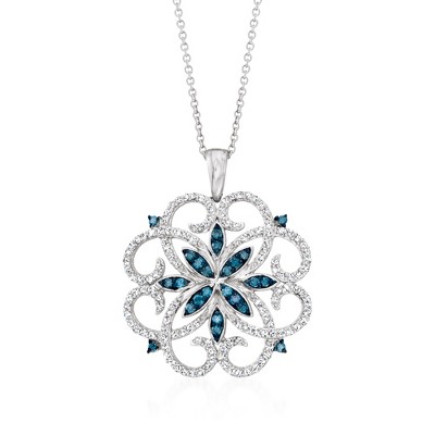 Ross-Simons 0.76 ct. t.w. Blue and White Diamond Scrolling Medallion Pendant Necklace in Sterling Silver