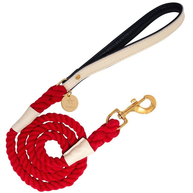 PoisePup - Luxury Pet Dog Leash - Soft Premium Italian Leather and 100% Natural Cotton Rope Leash - Hot Marine, 1 of 4