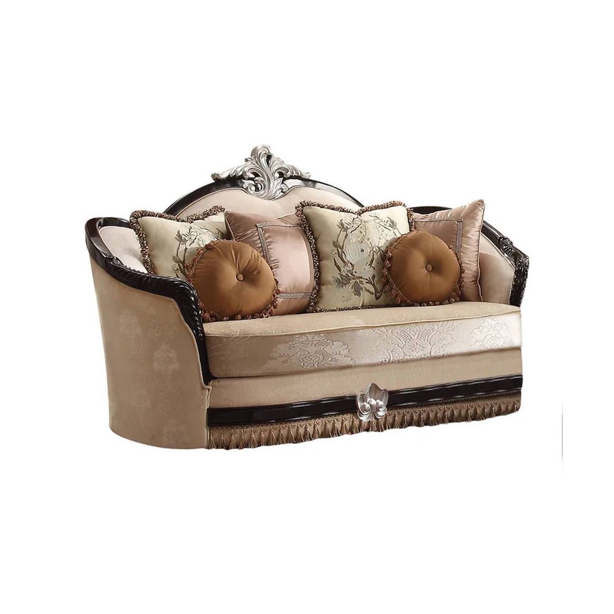 75" Ernestine Sofa Tan Fabric and Black Finish - Acme Furniture: Traditional Loveseat, Removable Cushions, 3 Accent Pillows
