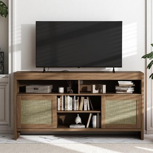 58" Rattan TV Stand for TVs up to 65", Farmhouse Media Console with 4 Open Shelves & 2 Rattan Door Cabinets - 1 of 4