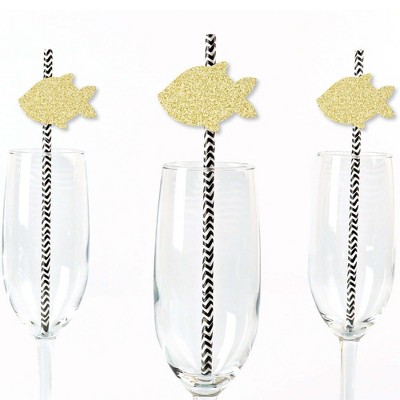 Big Dot of Happiness Gold Glitter Fish Party Straws - No-Mess Real Glitter Cut-Outs & Fishing Birthday Party or Baby Shower Paper Straws - Set of 24