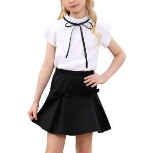 Girls Skirts with Ruffle Sleeve Tops Tie Detail Skirts Ruffled Trim Girls Tops with Pleated Flutter Skirts - 1 of 4