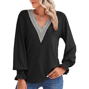 Clearlove 2025 Womens Tops Dressy Casual V Neck Long Sleeve Lace Splice Cute T-Shirts - 1 of 4