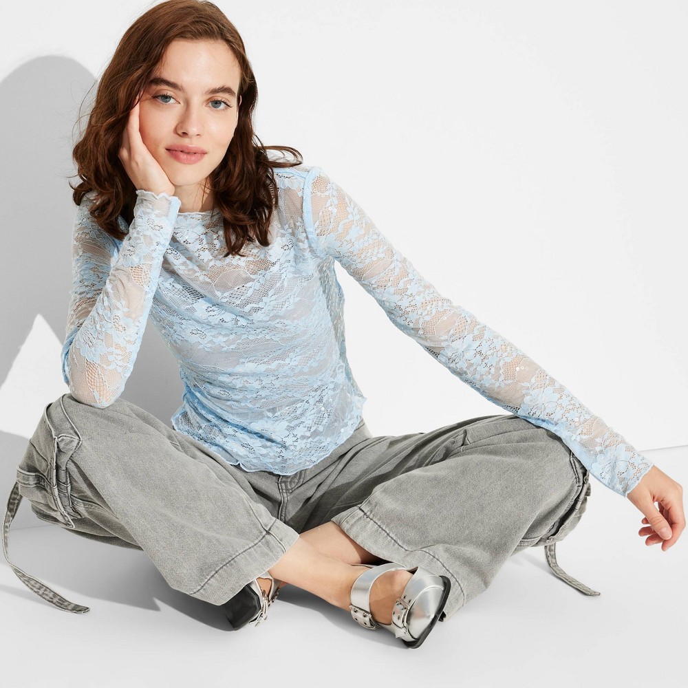 Women's Long Sleeve Lace Sequin Top - Wild Fable™ Light Blue S
