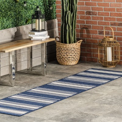 Navy and White Striped Synthetic Indoor/Outdoor Runner Rug