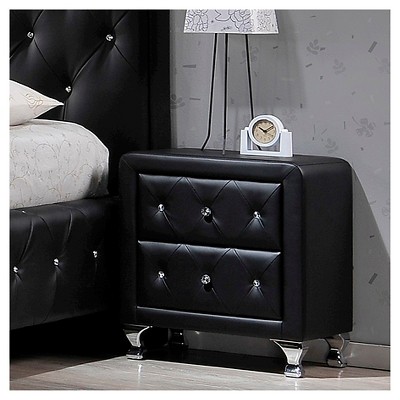 Stella Black Faux Leather Nightstand with Crystal Accents