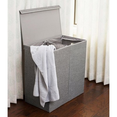 Double Gray Polyester Linen Collapsible Laundry Hamper with Lid
