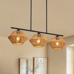Ludomide 3-Light Rattan Black Chandelier, Boho Hanging Light Fixture With Hand-Woven Cage Lampshade, Farmhouse Pendant Light Height Adjustable - 1 of 4