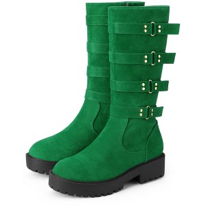 BLISSFUL STEP Women's Round Toe Buckle Chunky Heel Knee High Platform Boots - 1 of 4