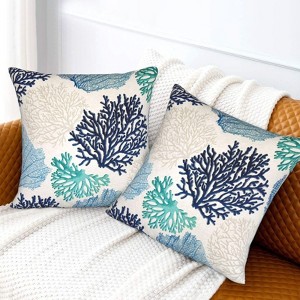 Coastal Beach Coral Throw Pillow Covers 18x18 in Set of 2, Decor Decorative Blue Ocean - 1 of 3