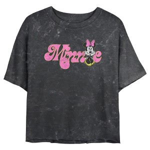 Juniors Womens Minnie Mouse Distressed Retro Logo Mineral Wash Crop T-Shirt - 1 of 4