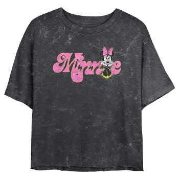 Juniors Womens Minnie Mouse Distressed Retro Logo Mineral Wash Crop T-Shirt