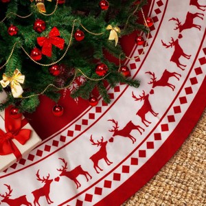 48-inch Rustic Red Christmas Tree Skirt with White Snowflakes and Reindeers - 1 of 4