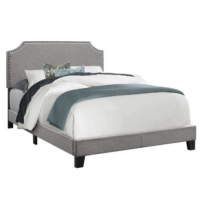 Monarch Specialties Bed, Full Size, Bedroom, Upholstered, Grey Linen Look, Chrome Trim, Transitional