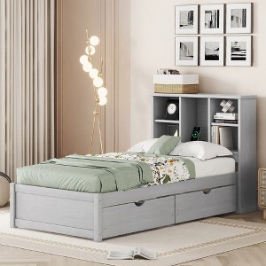 Twin Size Bed Frame, Wood Platform Bed Frame With Double Layered Storage Headboard, USB Port, 2 Sliding Drawers, Bed Frame, No Box Spring Needed - 1 of 4