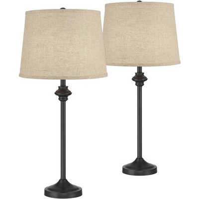 360 Lighting Modern Country Cottage Buffet Table Lamps Set of 2 Bronze Metal Burlap Linen Drum Shade for Living Room House Home