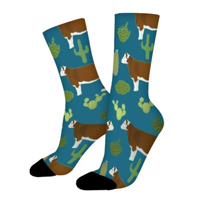 Hereford Cow Fabric Cattle And Cactus Towels Women Printed Crew Socks Funny Funky Socks Soft Polyester Novelty Gifts for Artists Men