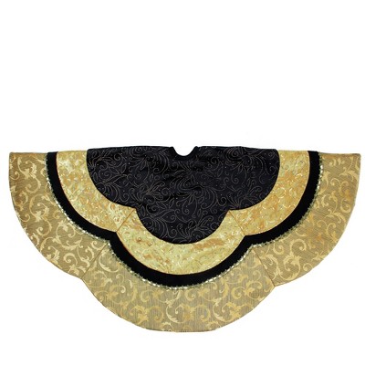 Northlight 48" Black and Gold Velveteen Floral Scallop Christmas Tree Skirt