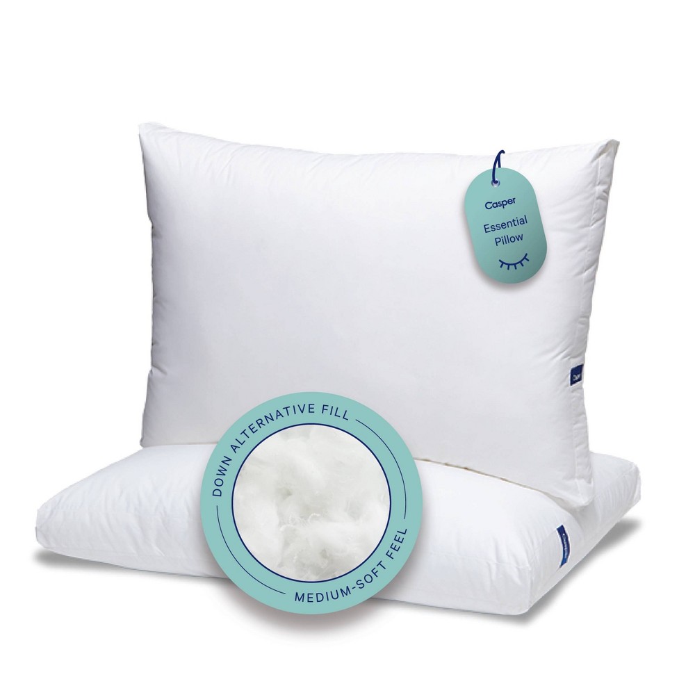 The Casper 2pk Essential Fiber Bed Pillows - King: Universal Sleeper, Medium Density, 2" Gussets, Removable Cover